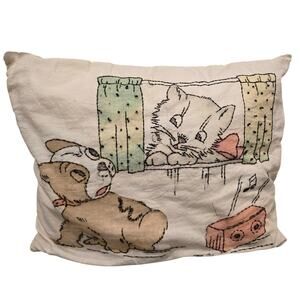 Vintage Embroidered Kitty and Puppy Pillow Frenchie